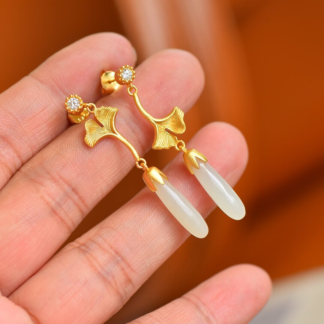Sterling Silver with Hetian Jade (5x20cm) Long Pendant Plain Silver “So Glad You're Here” Earrings (Thick Brushed Gold)