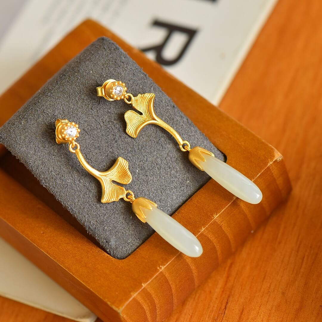 Sterling Silver with Hetian Jade (5x20cm) Long Pendant Plain Silver “So Glad You're Here” Earrings (Thick Brushed Gold)