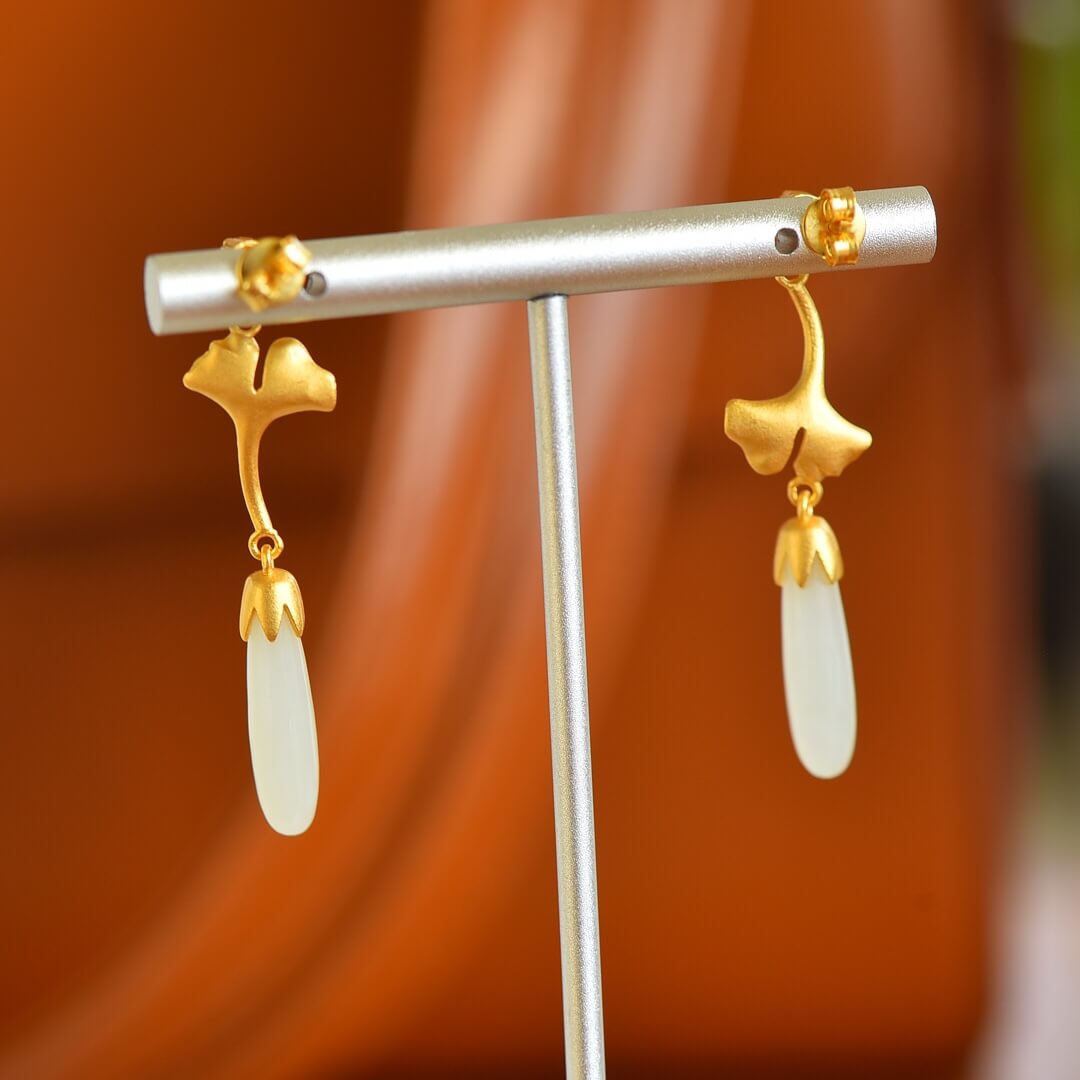 Sterling Silver with Hetian Jade (5x20cm) Long Pendant Plain Silver “So Glad You're Here” Earrings (Thick Brushed Gold)