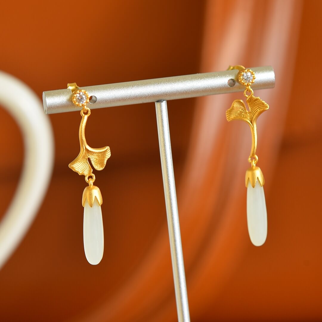 Sterling Silver with Hetian Jade (5x20cm) Long Pendant Plain Silver “So Glad You're Here” Earrings (Thick Brushed Gold)