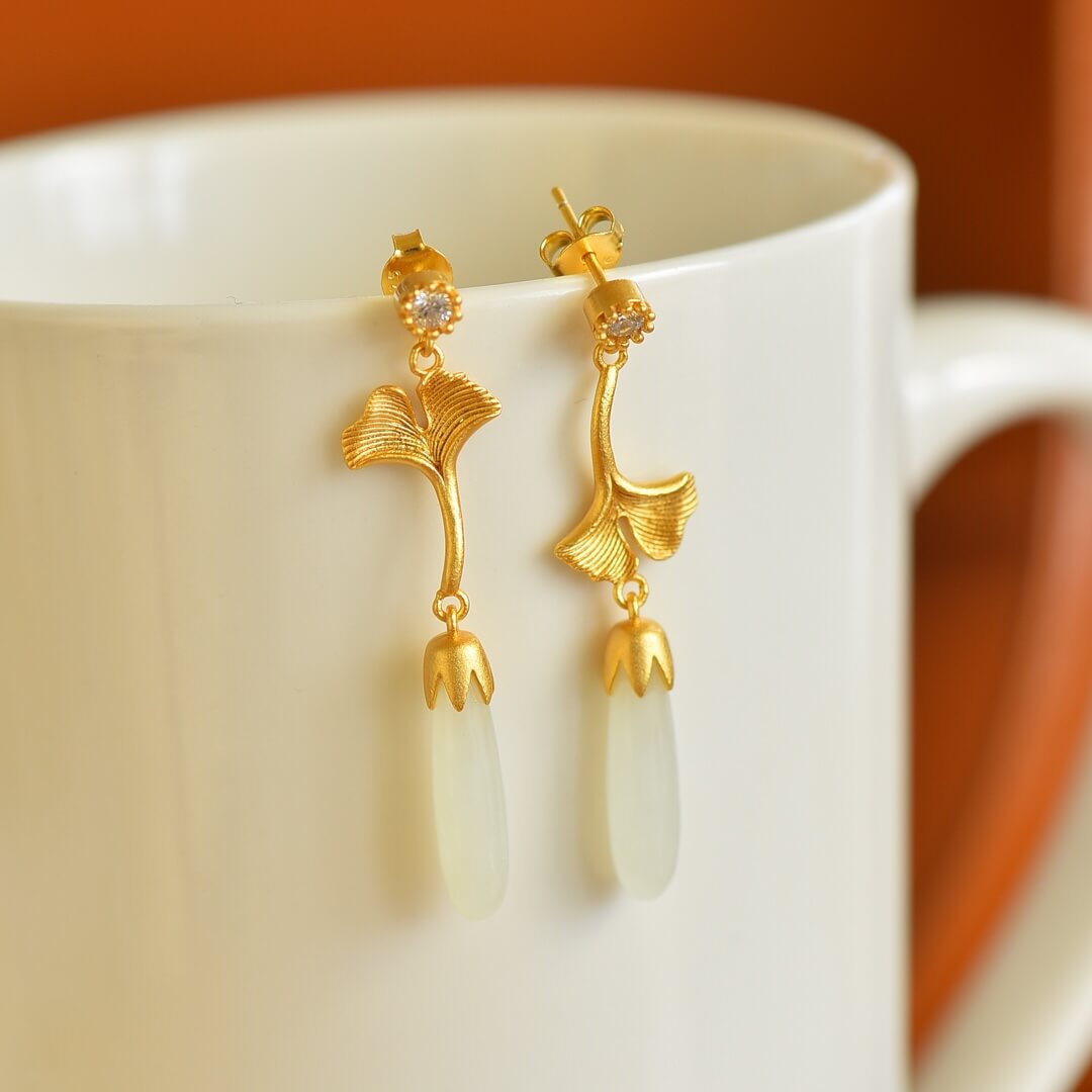 Sterling Silver with Hetian Jade (5x20cm) Long Pendant Plain Silver “So Glad You're Here” Earrings (Thick Brushed Gold)