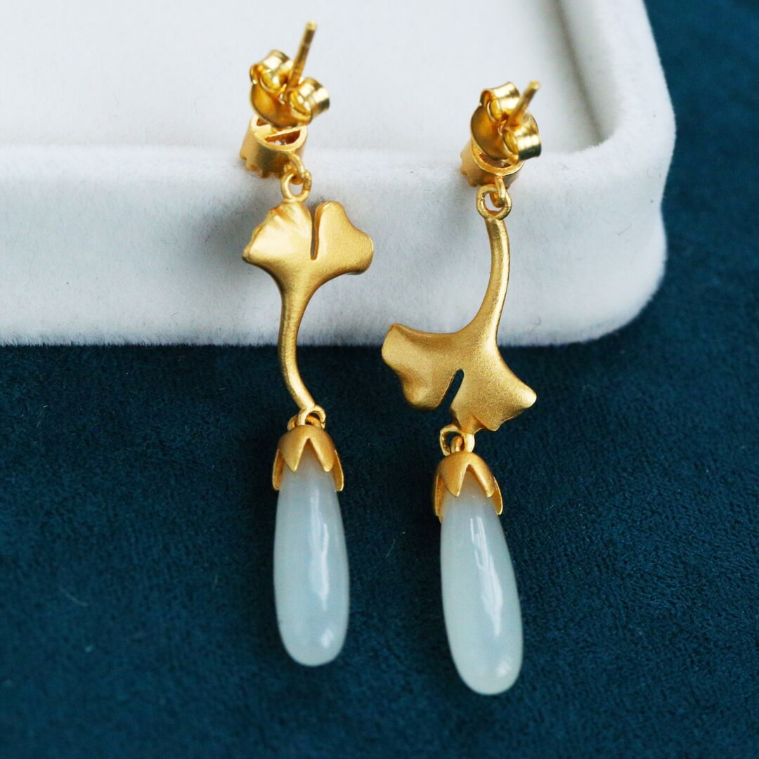 Sterling Silver with Hetian Jade (5x20cm) Long Pendant Plain Silver “So Glad You're Here” Earrings (Thick Brushed Gold)