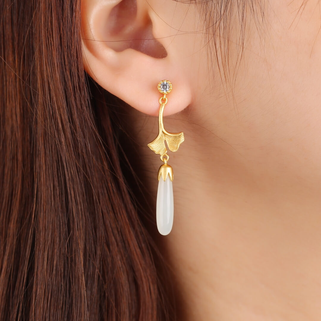 Sterling Silver with Hetian Jade (5x20cm) Long Pendant Plain Silver “So Glad You're Here” Earrings (Thick Brushed Gold)