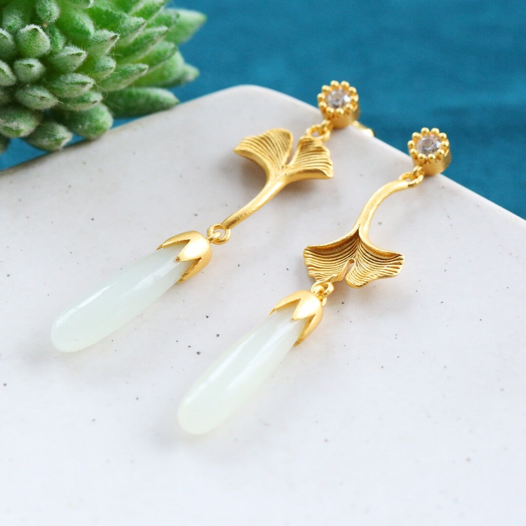 Sterling Silver with Hetian Jade (5x20cm) Long Pendant Plain Silver “So Glad You're Here” Earrings (Thick Brushed Gold)