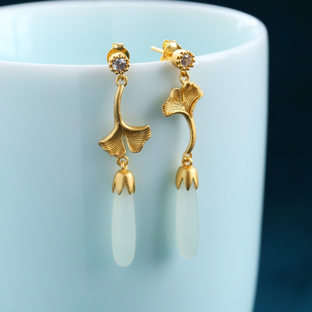 Sterling Silver with Hetian Jade (5x20cm) Long Pendant Plain Silver “So Glad You're Here” Earrings (Thick Brushed Gold)