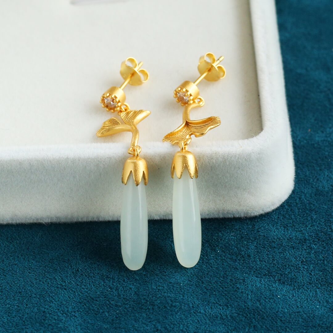 Sterling Silver with Hetian Jade (5x20cm) Long Pendant Plain Silver “So Glad You're Here” Earrings (Thick Brushed Gold)