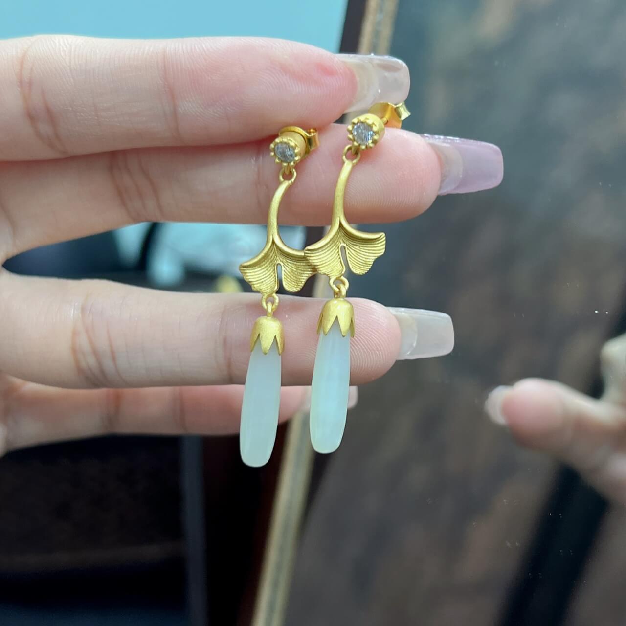 Sterling Silver with Hetian Jade (5x20cm) Long Pendant Plain Silver “So Glad You're Here” Earrings (Thick Brushed Gold)