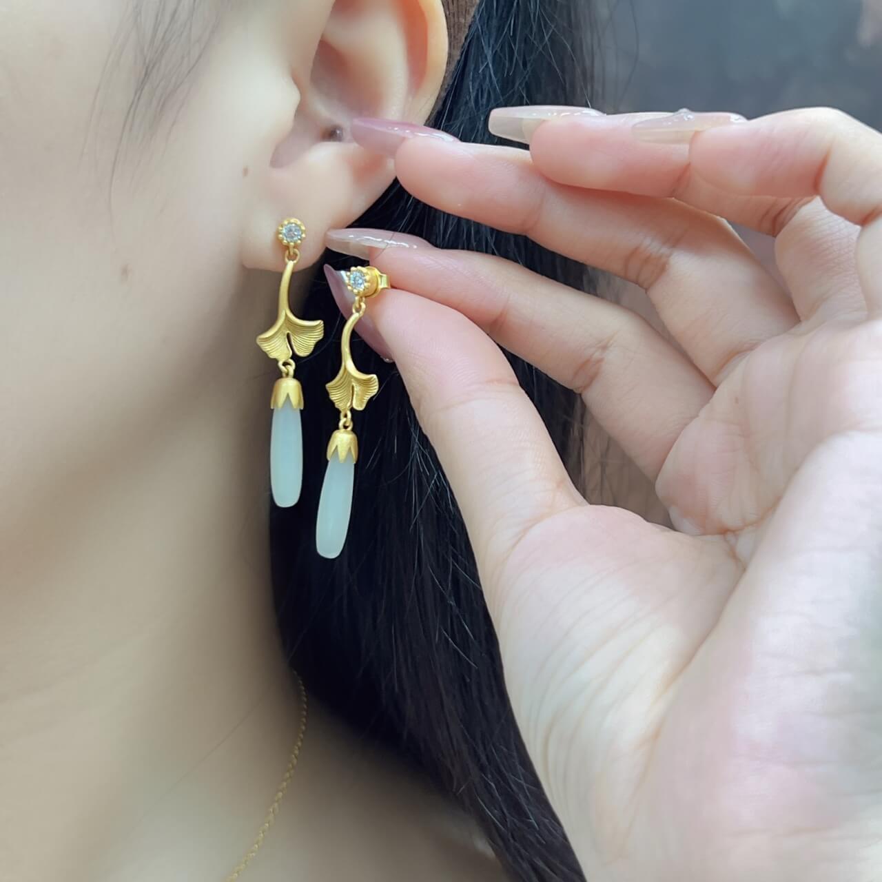 Sterling Silver with Hetian Jade (5x20cm) Long Pendant Plain Silver “So Glad You're Here” Earrings (Thick Brushed Gold)
