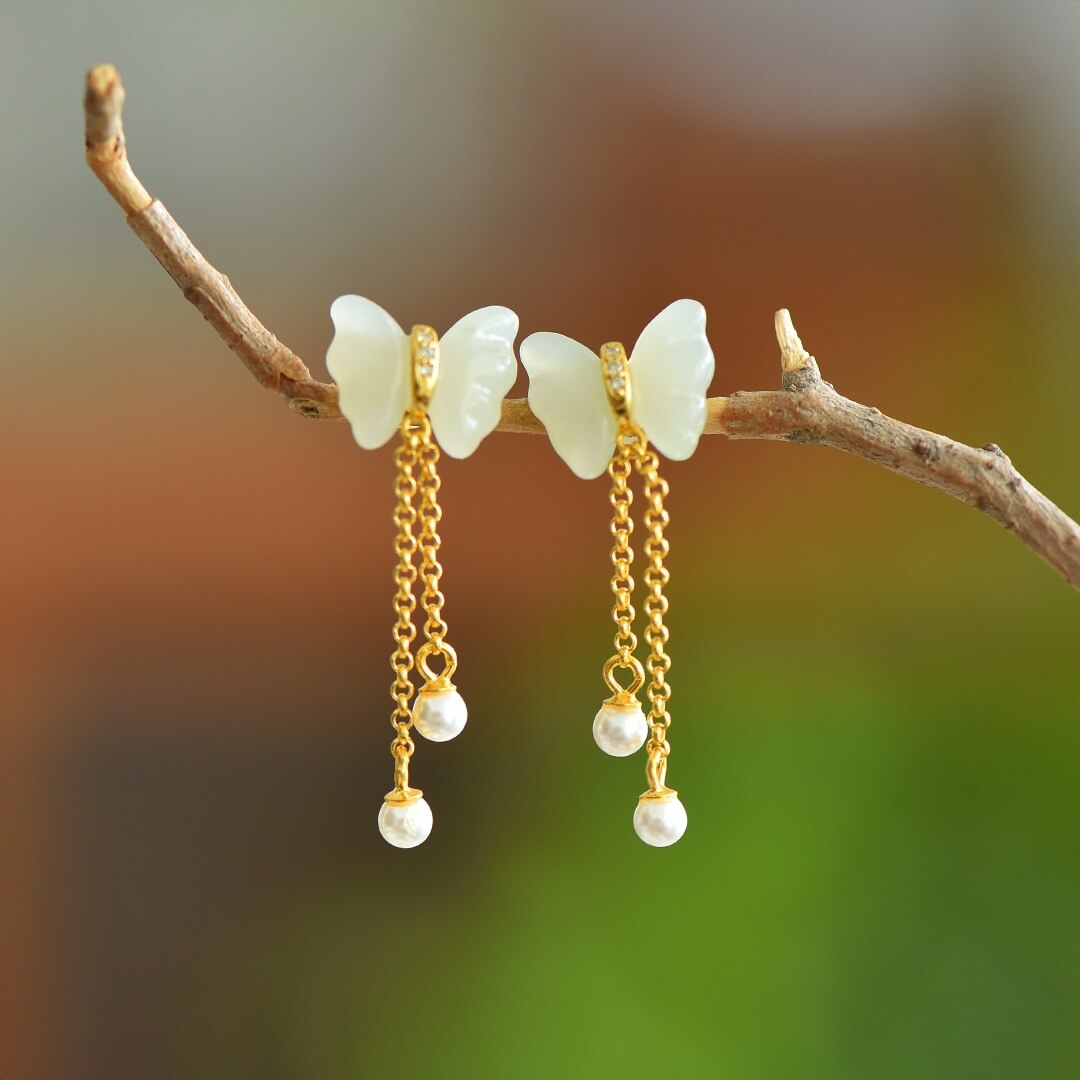 Sterling Silver Butterfly Earrings with Hotan Jade Inlay (10*12mm) Solid Silver Tassel Earrings (Thick Gold)