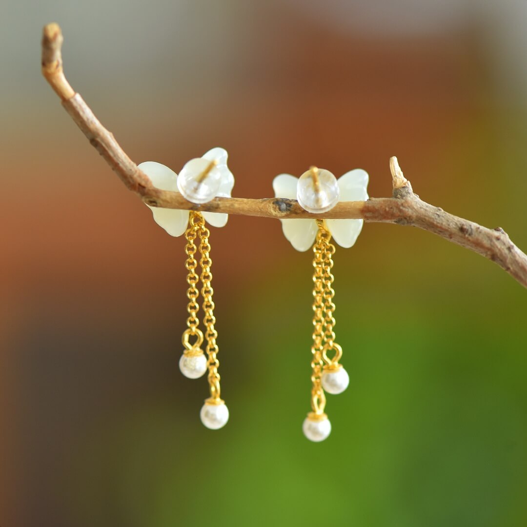 Sterling Silver Butterfly Earrings with Hotan Jade Inlay (10*12mm) Solid Silver Tassel Earrings (Thick Gold)