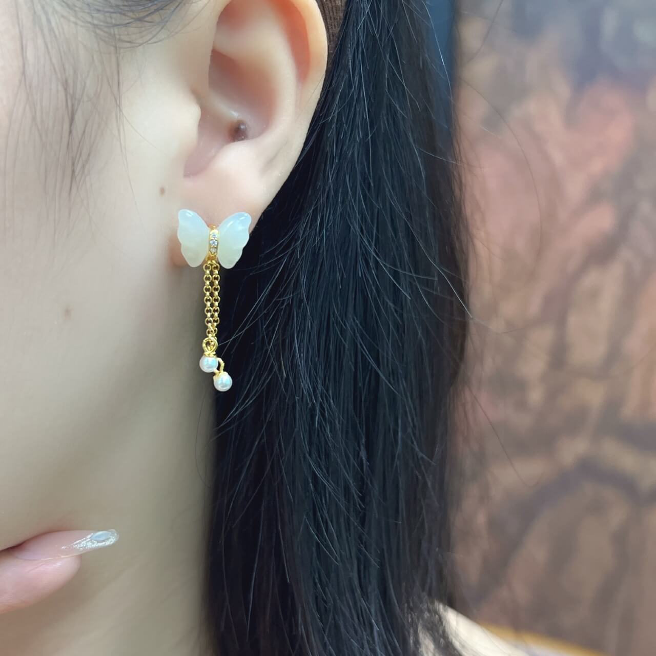Sterling Silver Butterfly Earrings with Hotan Jade Inlay (10*12mm) Solid Silver Tassel Earrings (Thick Gold)