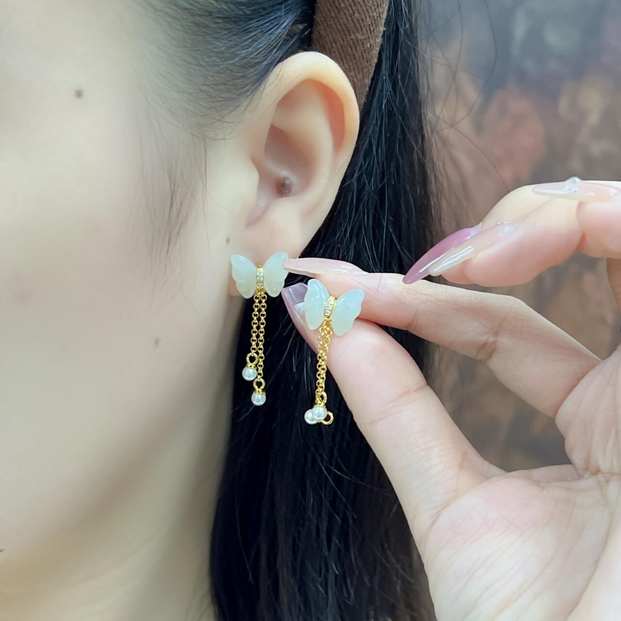 Sterling Silver Butterfly Earrings with Hotan Jade Inlay (10*12mm) Solid Silver Tassel Earrings (Thick Gold)