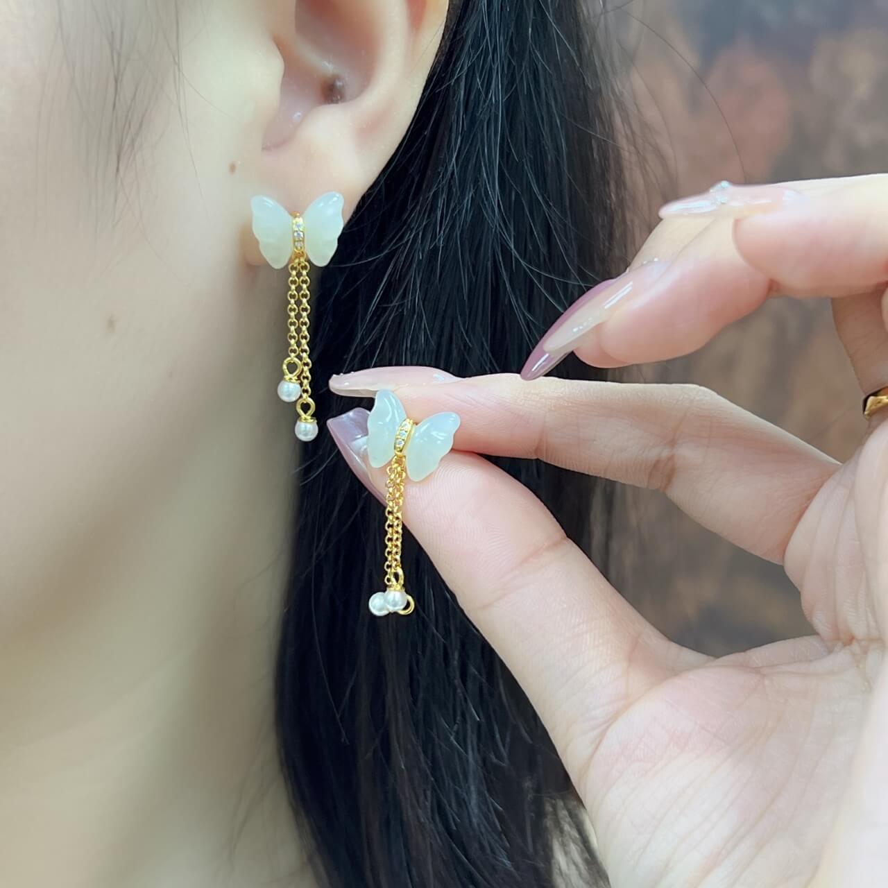 Sterling Silver Butterfly Earrings with Hotan Jade Inlay (10*12mm) Solid Silver Tassel Earrings (Thick Gold)