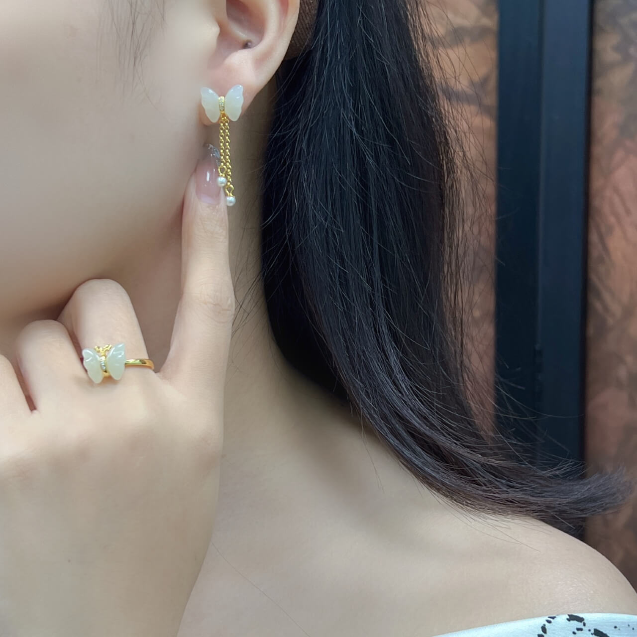 Sterling Silver Butterfly Earrings with Hotan Jade Inlay (10*12mm) Solid Silver Tassel Earrings (Thick Gold)