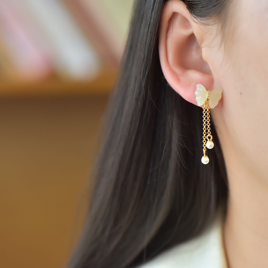 Sterling Silver Butterfly Earrings with Hotan Jade Inlay (10*12mm) Solid Silver Tassel Earrings (Thick Gold)