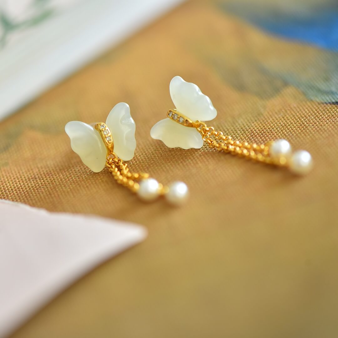 Sterling Silver Butterfly Earrings with Hotan Jade Inlay (10*12mm) Solid Silver Tassel Earrings (Thick Gold)