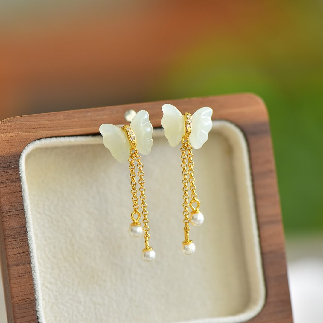 Sterling Silver Butterfly Earrings with Hotan Jade Inlay (10*12mm) Solid Silver Tassel Earrings (Thick Gold)