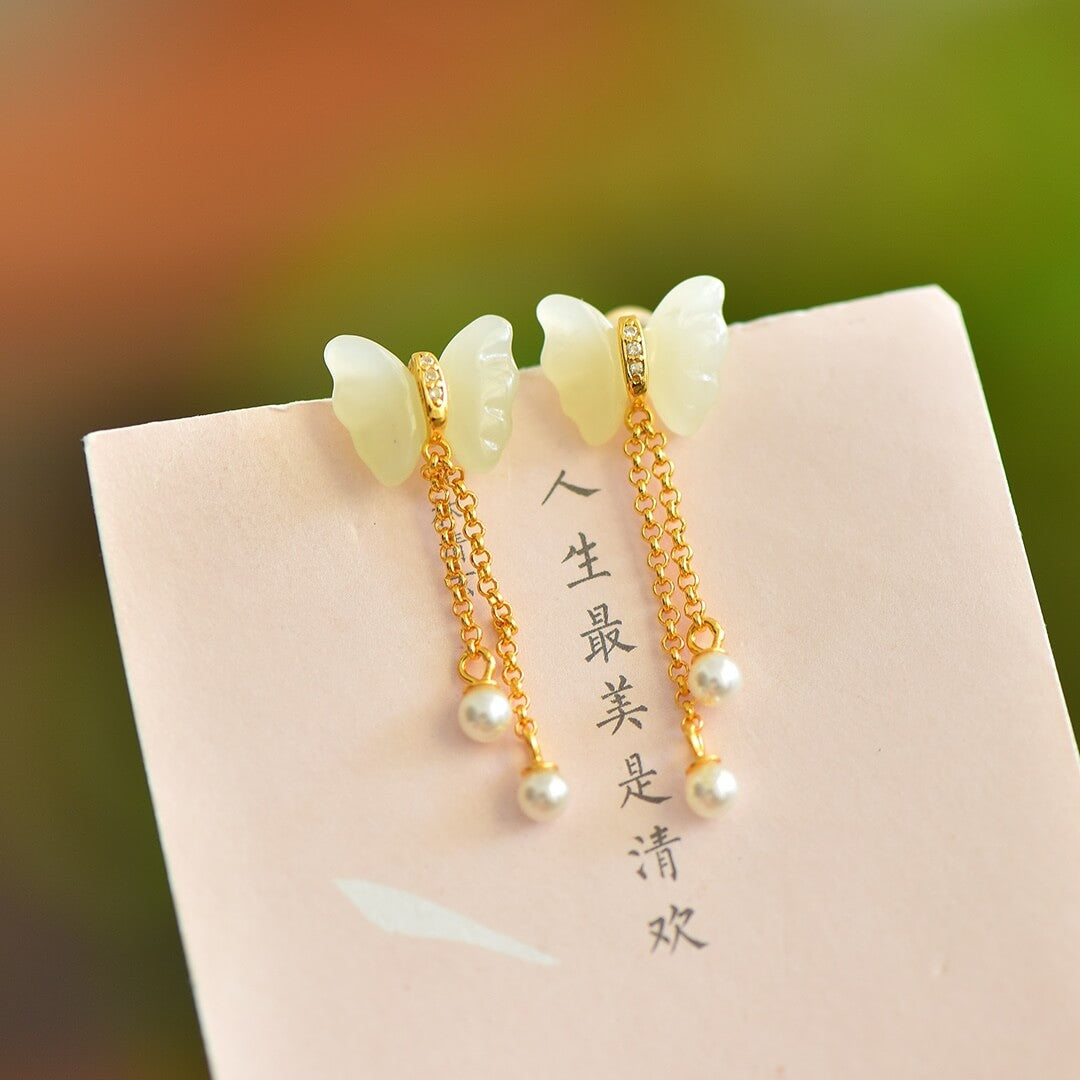 Sterling Silver Butterfly Earrings with Hotan Jade Inlay (10*12mm) Solid Silver Tassel Earrings (Thick Gold)