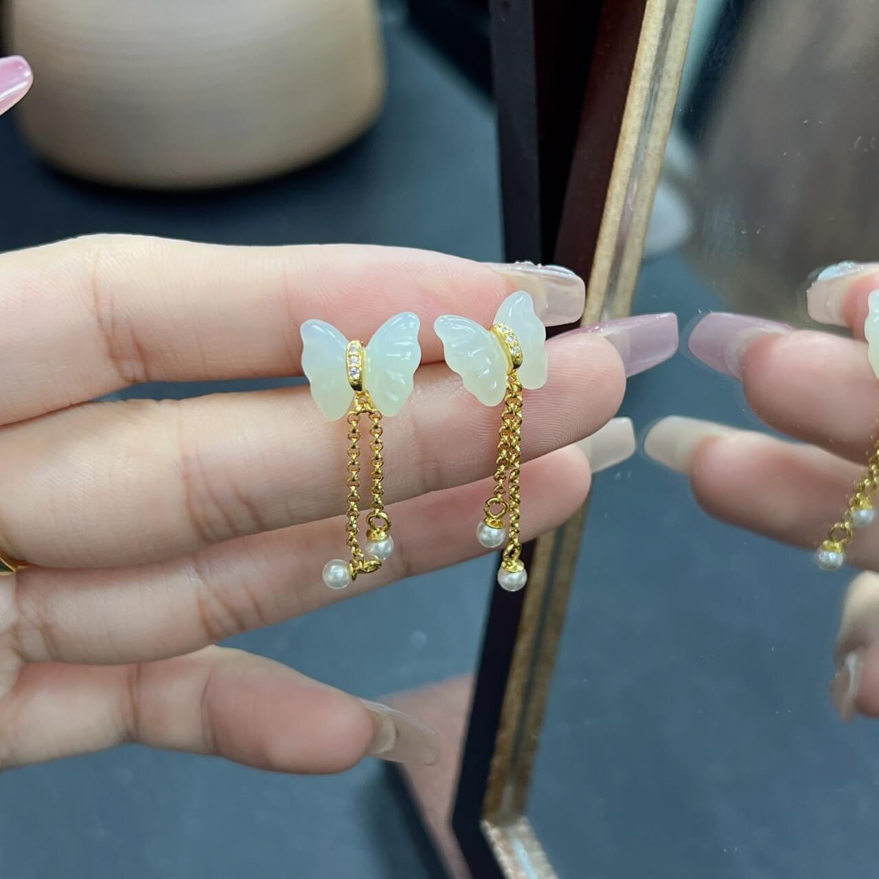 Sterling Silver Butterfly Earrings with Hotan Jade Inlay (10*12mm) Solid Silver Tassel Earrings (Thick Gold)