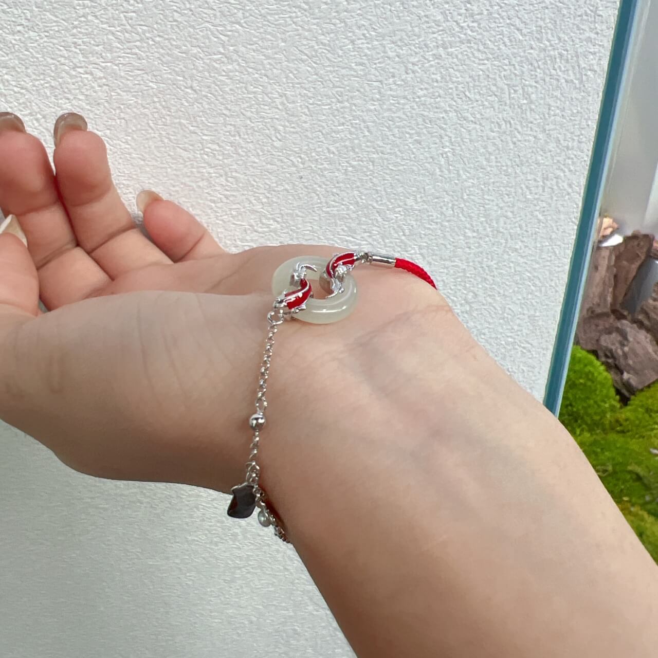 Sterling Silver with Hetian Jade (15x15mm) Peace Ring Dragon Gate Leap Enamel Bracelet