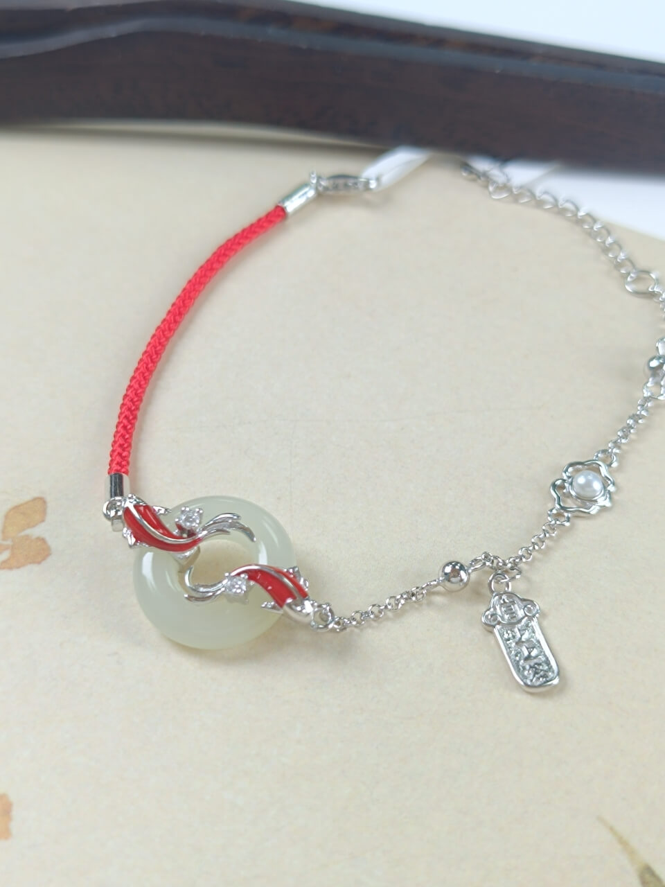 Sterling Silver with Hetian Jade (15x15mm) Peace Ring Dragon Gate Leap Enamel Bracelet