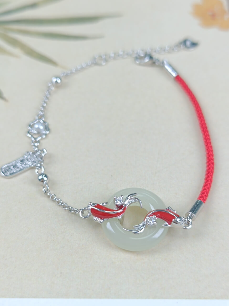 Sterling Silver with Hetian Jade (15x15mm) Peace Ring Dragon Gate Leap Enamel Bracelet