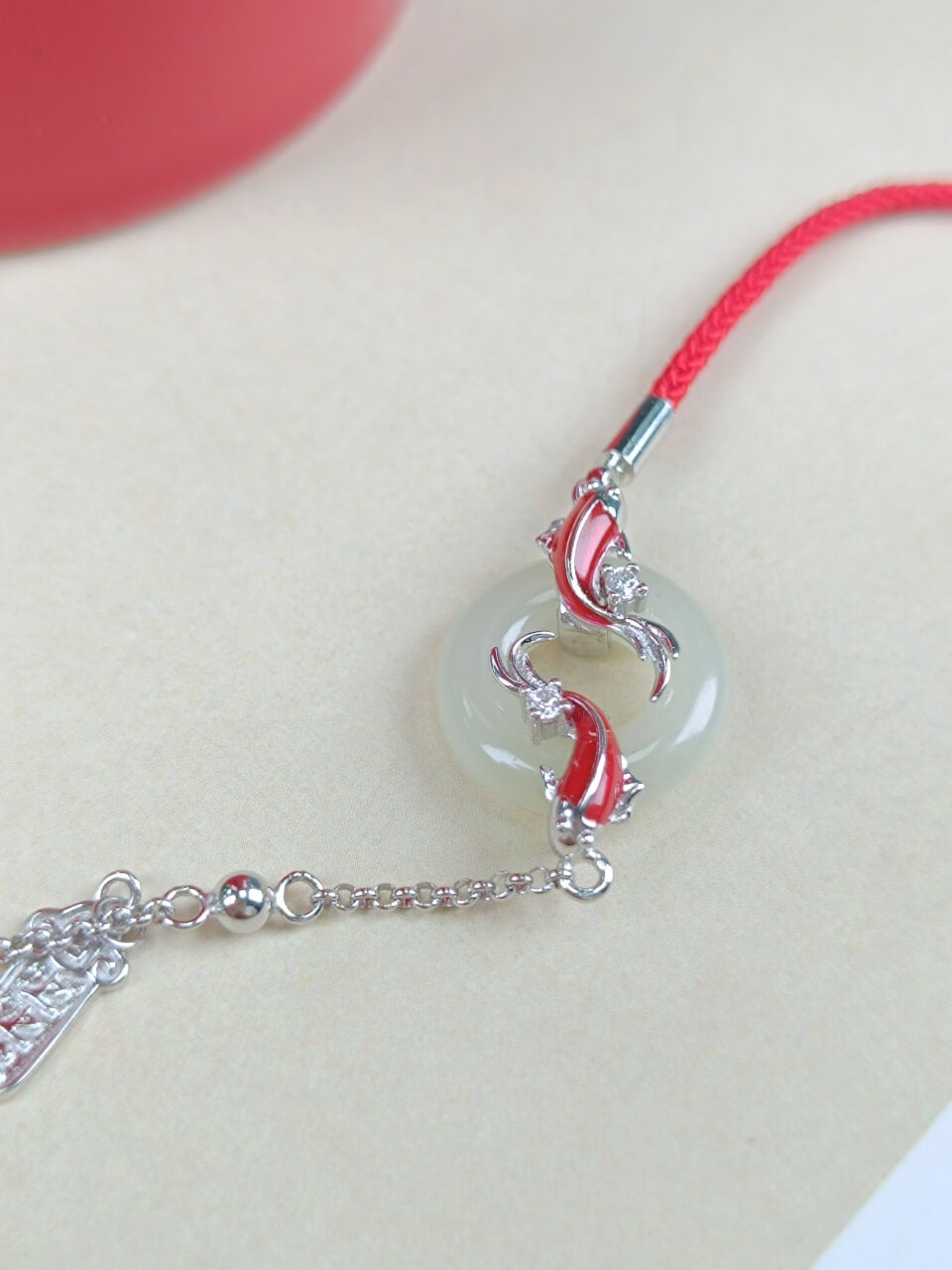 Sterling Silver with Hetian Jade (15x15mm) Peace Ring Dragon Gate Leap Enamel Bracelet