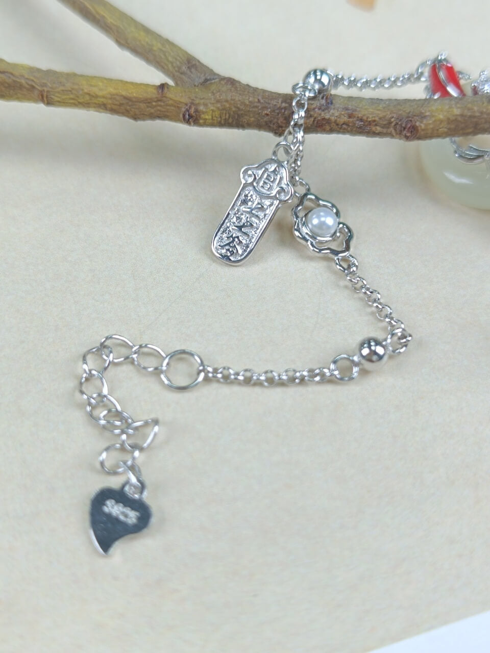 Sterling Silver with Hetian Jade (15x15mm) Peace Ring Dragon Gate Leap Enamel Bracelet
