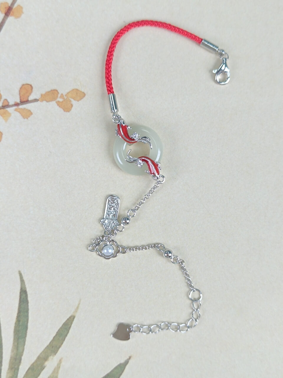 Sterling Silver with Hetian Jade (15x15mm) Peace Ring Dragon Gate Leap Enamel Bracelet