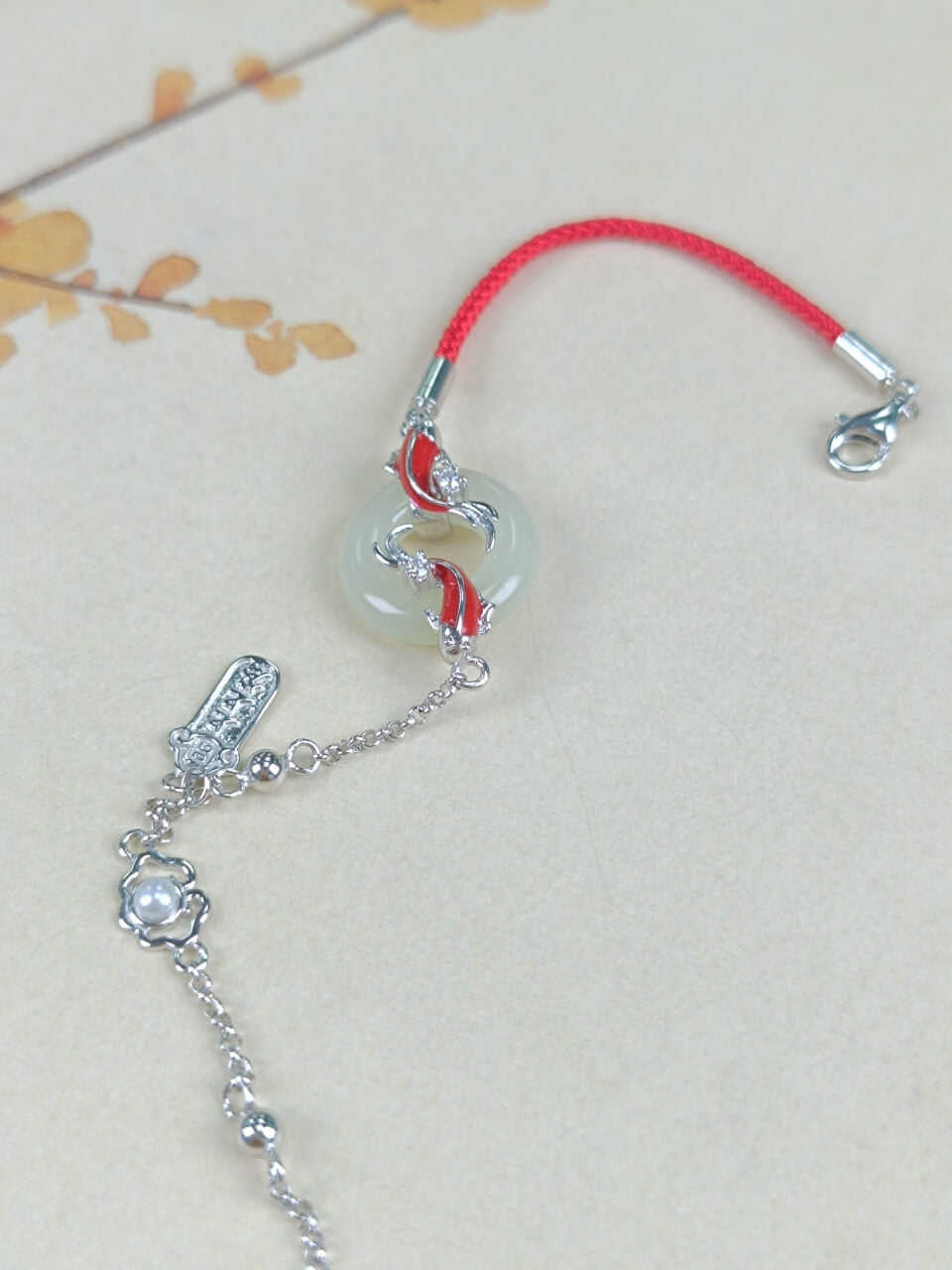 Sterling Silver with Hetian Jade (15x15mm) Peace Ring Dragon Gate Leap Enamel Bracelet