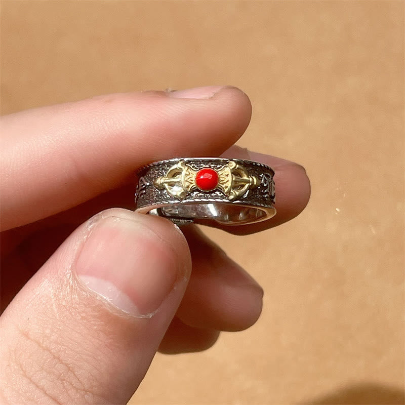 Karma Stone Tibetan Om Mani Padme Hum Red Agate Dorje Vajra Design Wisdom Ring