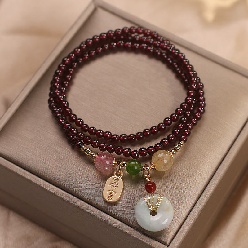 Karma Stone Natural Garnet Strawberry Quartz Crystal Fox Koi Fish Peace Buckle Fortune Protection Triple Wrap Bracelet