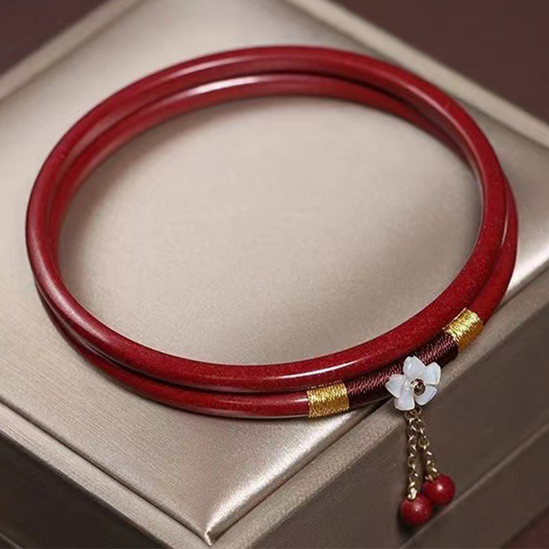 Karma Stone 2Pcs Cinnabar Flower Blessing Bangle Charm Bracelet