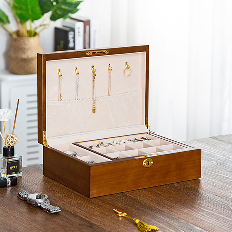 Karma Stone Vintage Wooden Jewelry Box Two-Layer Solid Wood Jewelry Storage Box