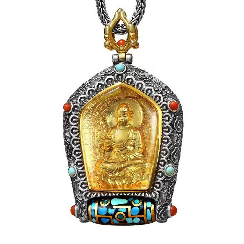Karma Stone Tibet Chinese Zodiac Natal Buddha Thangka Prosperity Rotatable Dzi Bead Necklace Pendant
