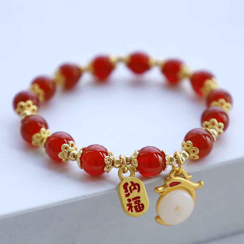 Karma Stone Year of the Dragon Red Agate Green Aventurine Peace Buckle Fu Character Lucky Fortune Bracelet