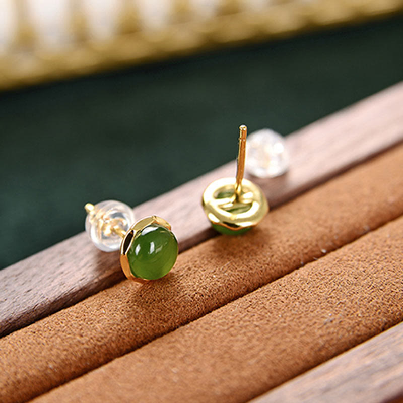 Karma Stone 925 Sterling Silver Plated Gold Natural Hetian Cyan Jade Bead Luck Stud Earrings