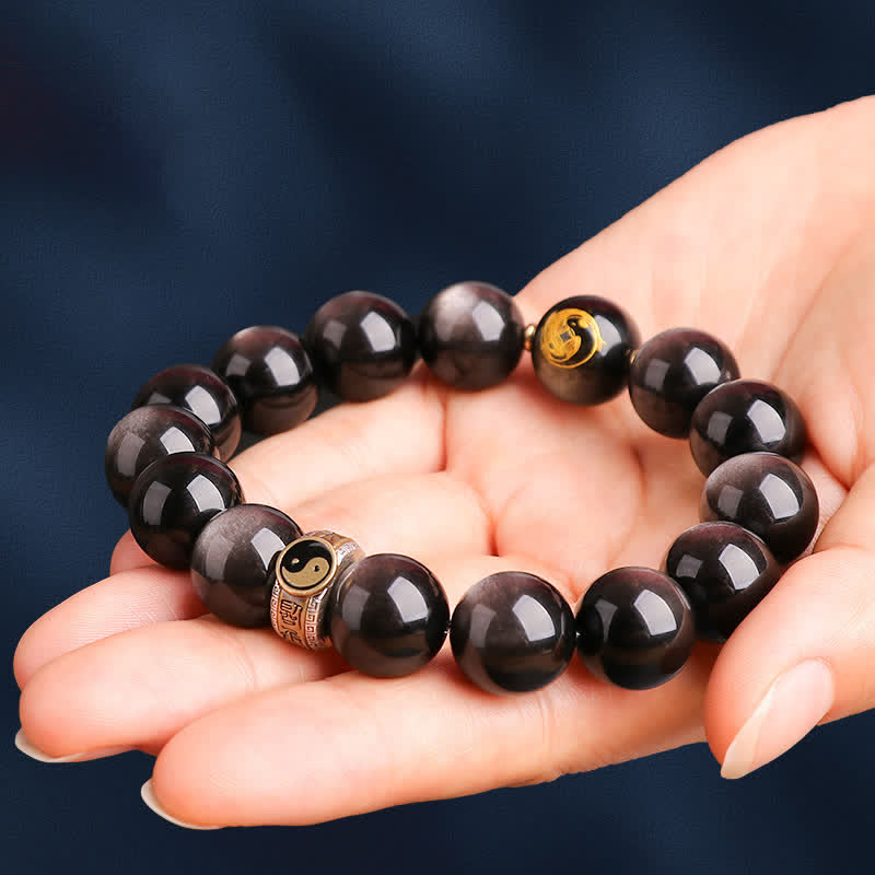 Karma Stone 925 Sterling Silver Black Obsidian Gold Sheen Obsidian Silver Sheen Obsidian Yin Yang Protection Bracelet