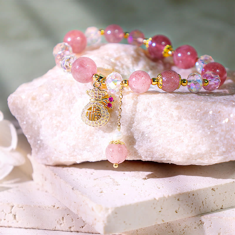 Karma Stone Natural Strawberry Quartz Crystal Money Bag Charm Positive Bracelet