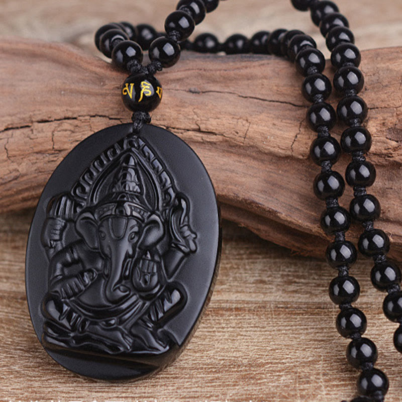 Karma Stone Tibetan Obsidian Ganesh Ganpati Elephant Wealth Amulet Necklace