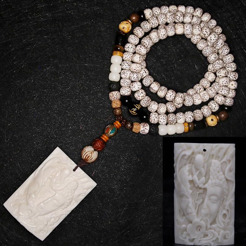 Karma Stone 108 Mala Beads Bodhi Seed Yak Bone Avalokitesvara Lucky Pixiu Guan Gong Buddha Demon Peace Tassel Bracelet