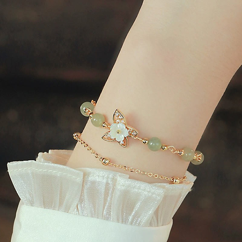 Karma Stone 14K Gold Plated Jade Butterfly Tridacna Stone Flower Double Layer Luck Bracelet