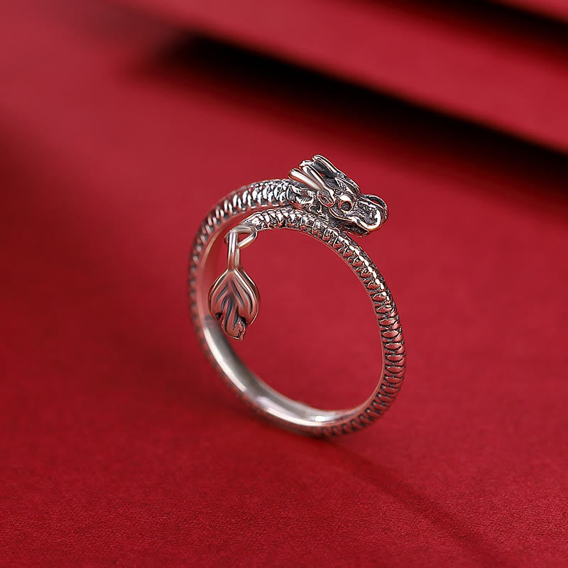 Karma Stone 925 Sterling Silver Vintage Year of the Dragon Luck Protection Strength Adjustable Ring
