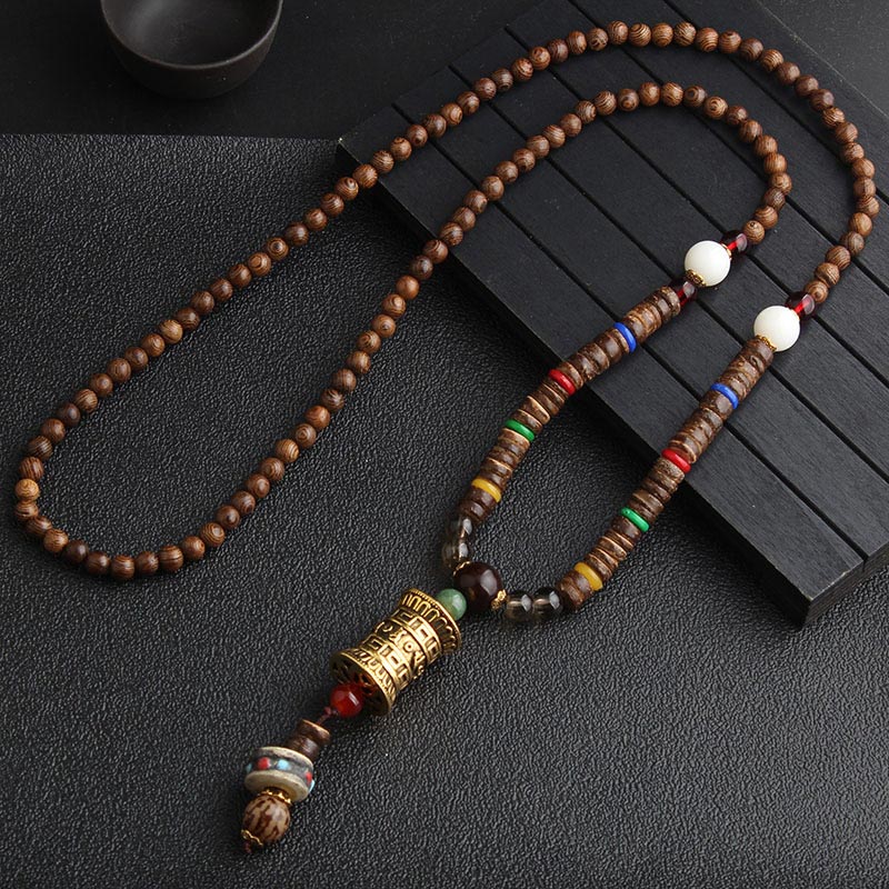 Karma Stone Turquoise Dzi Bead Prayer Wheel Wenge Wood Meditation Necklace