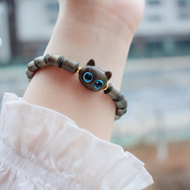 Karma Stone Ebony Wood Green Sandalwood Cute Cat Peace Bracelet