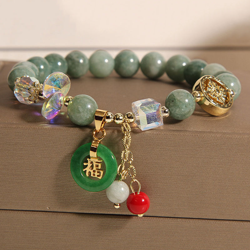 Karma Stone Strawberry Quartz Jade Fu Character Charm Healing Bracelet