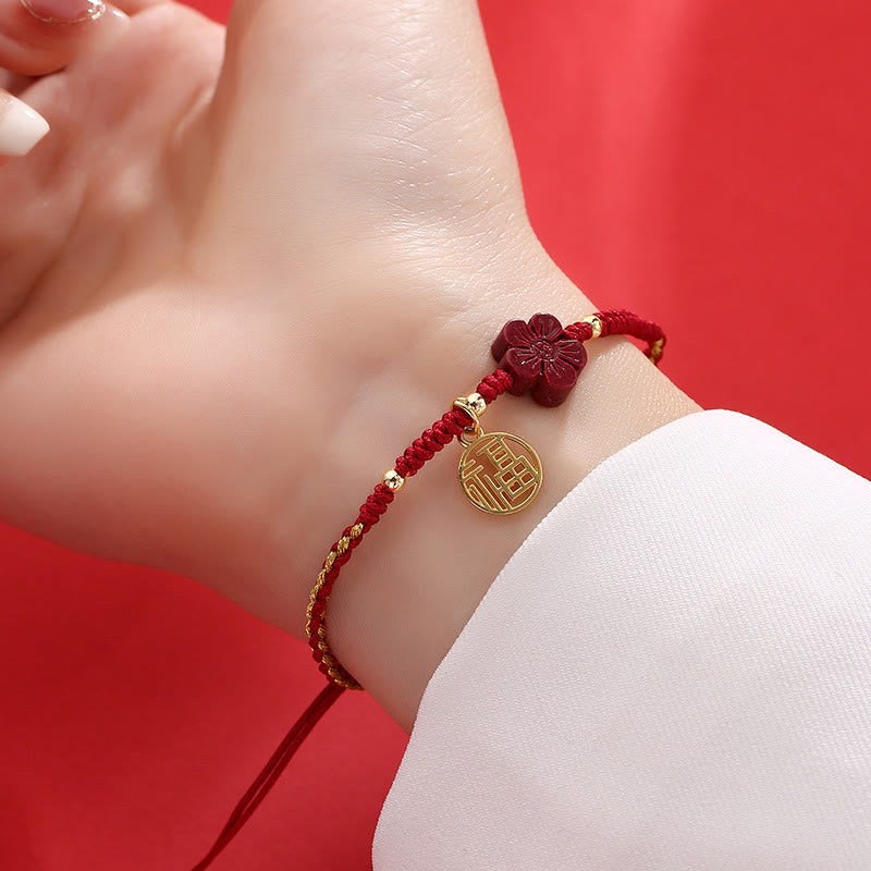 Karma Stone Cinnabar Flower Fu Character Blessing Braided String Bracelet