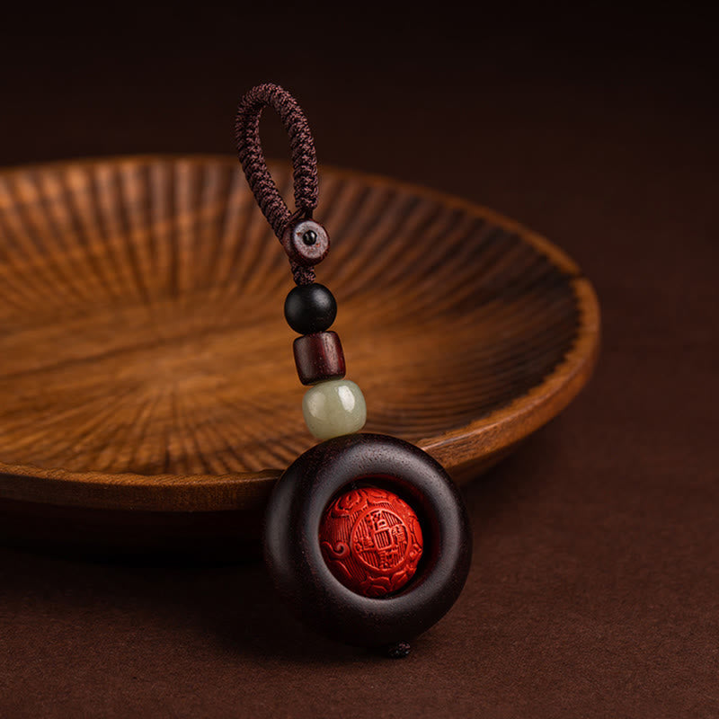 Karma Stone Tibet Om Mani Padme Hum PiXiu Copper Coin Small Leaf Red Sandalwood Cinnabar Protection Key Chain