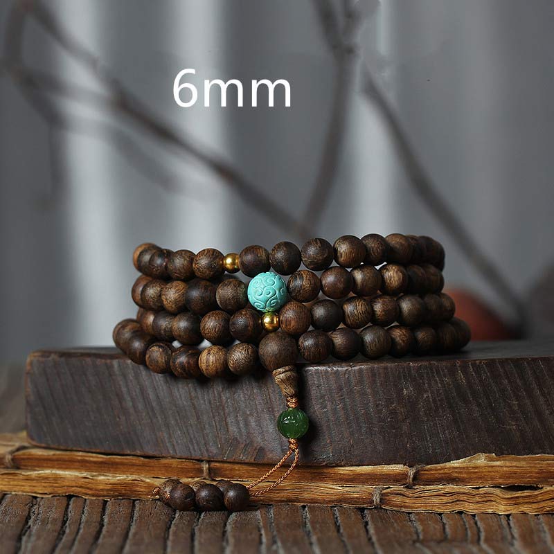 Karma Stone 108-Bead Wooden  Rosary Bracelet Nha Trang Agarwood Turquoise Prayer Bracelet