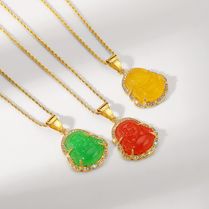 Karma Stone 18K Gold Filled Laughing Buddha Jade Luck Necklace Chain Pendant